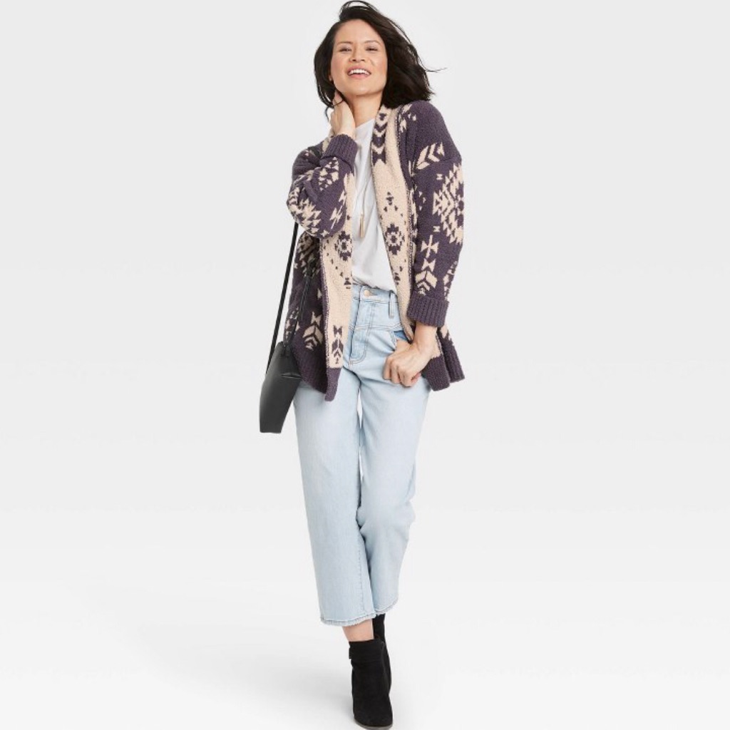 Knox Rose Geometric Print Open Front Cardigan In Coal